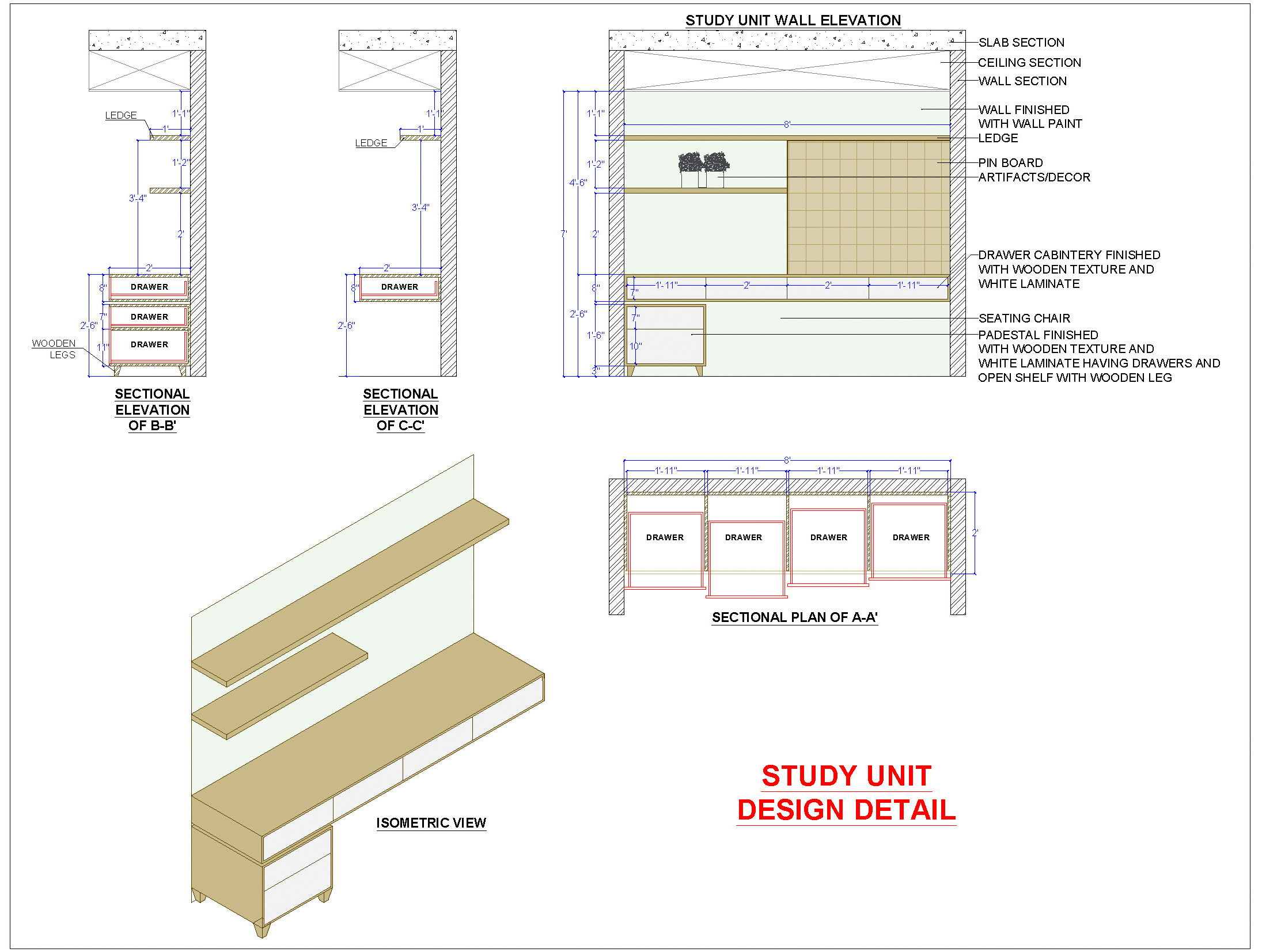 Modern Study Table AutoCAD Drawing with Storage Details